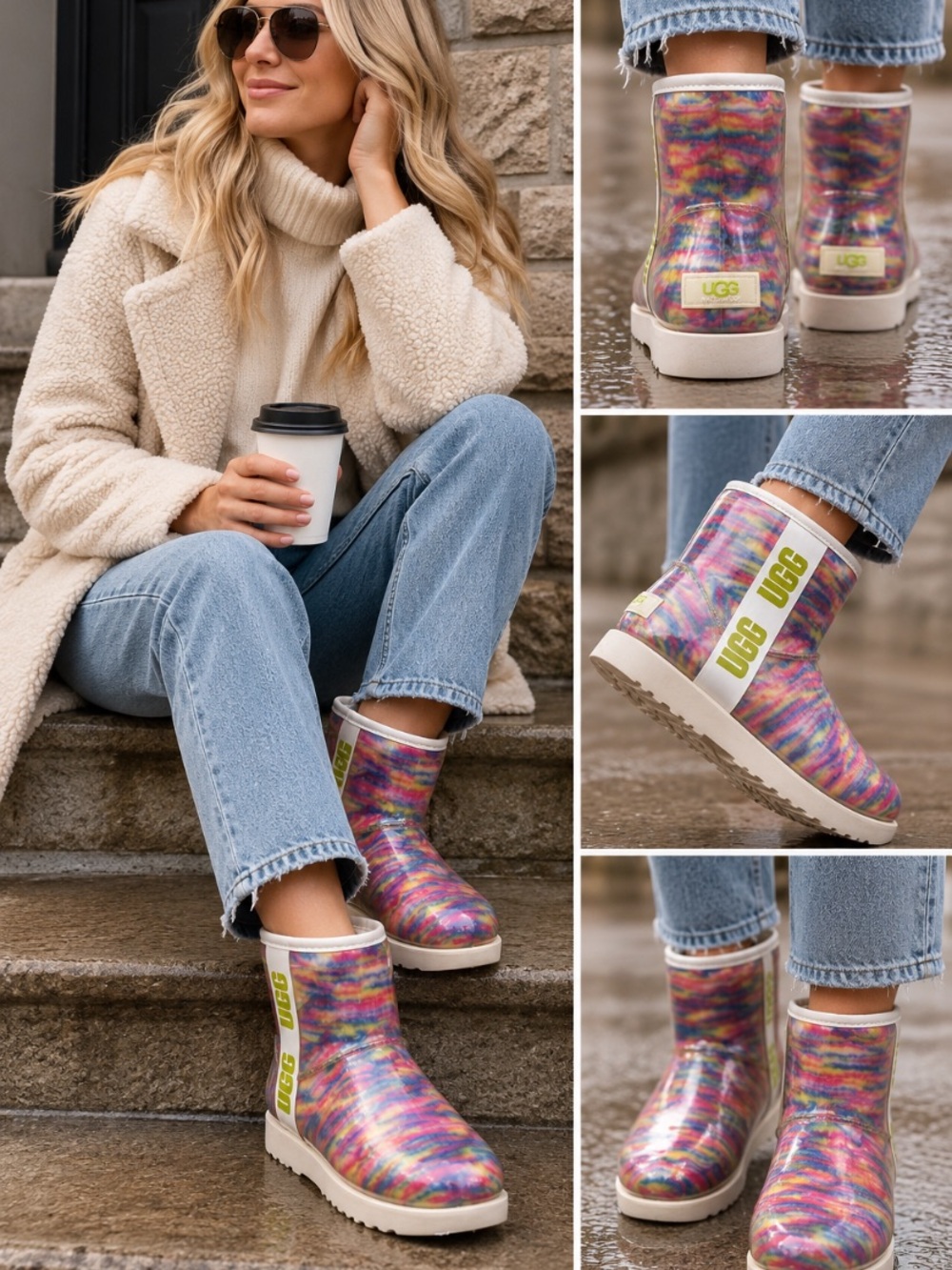 UGG Women's Rainbow Multicolor Rain Short Boot with Cream Sole